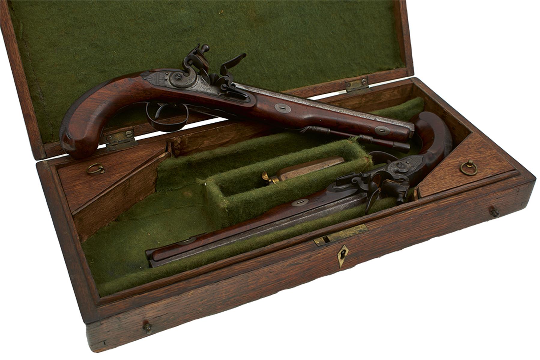 A CASED PAIR OF 22-BORE FLINTLOCK DUELLING PISTOLS BY WALLIS OF HULL, 10inch sighted octagonal