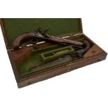 A CASED PAIR OF 22-BORE FLINTLOCK DUELLING PISTOLS BY WALLIS OF HULL, 10inch sighted octagonal