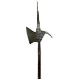 A 15TH/16TH CENTURY SWISS HALBERD, 32cm flattened spike struck with the triple Swiss shield mark,