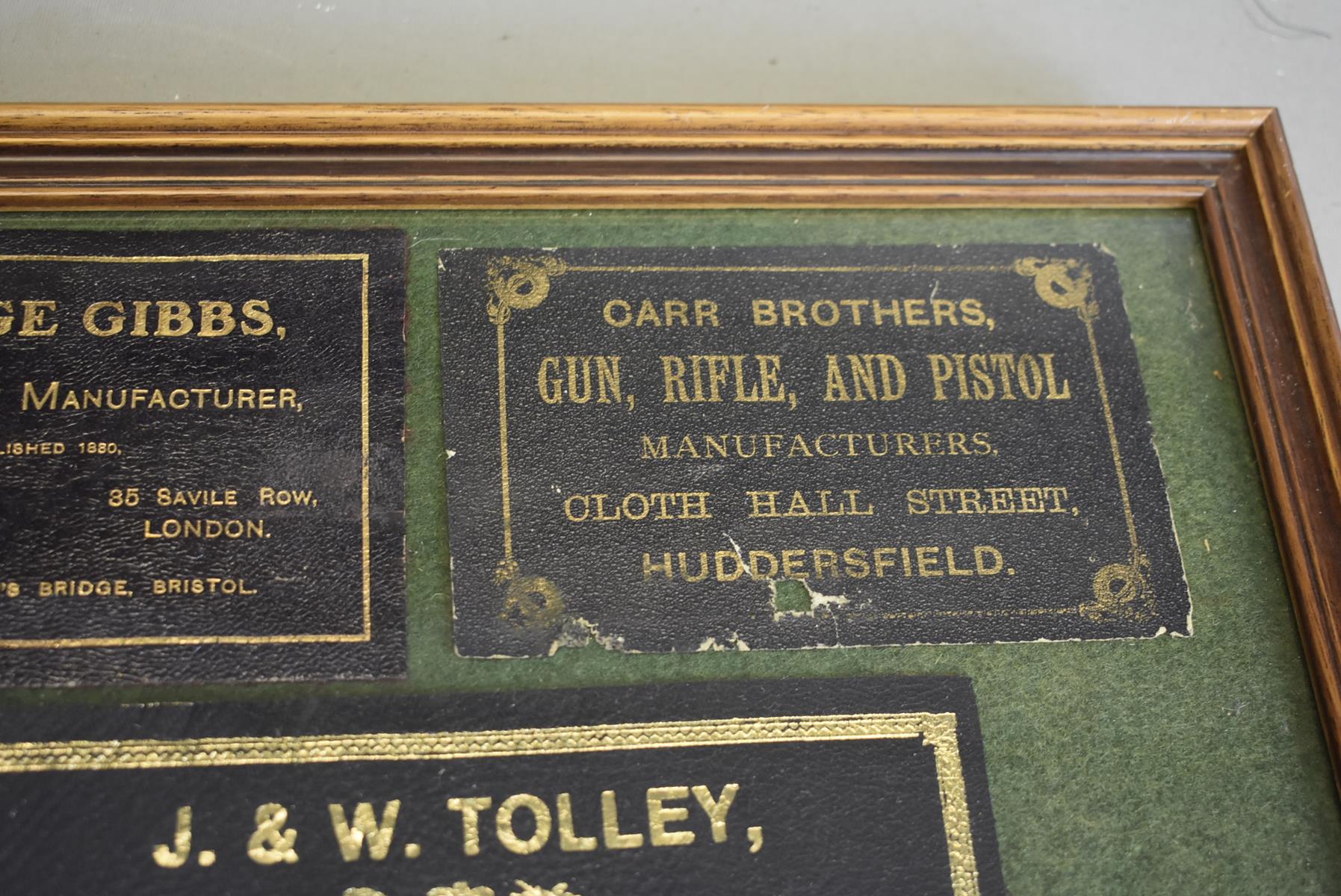 A FRAMED GROUP OF LEATHER TRADE LABELS, the gilt embossed trade labels for Gibbs, Carr Brothers, - Image 4 of 7