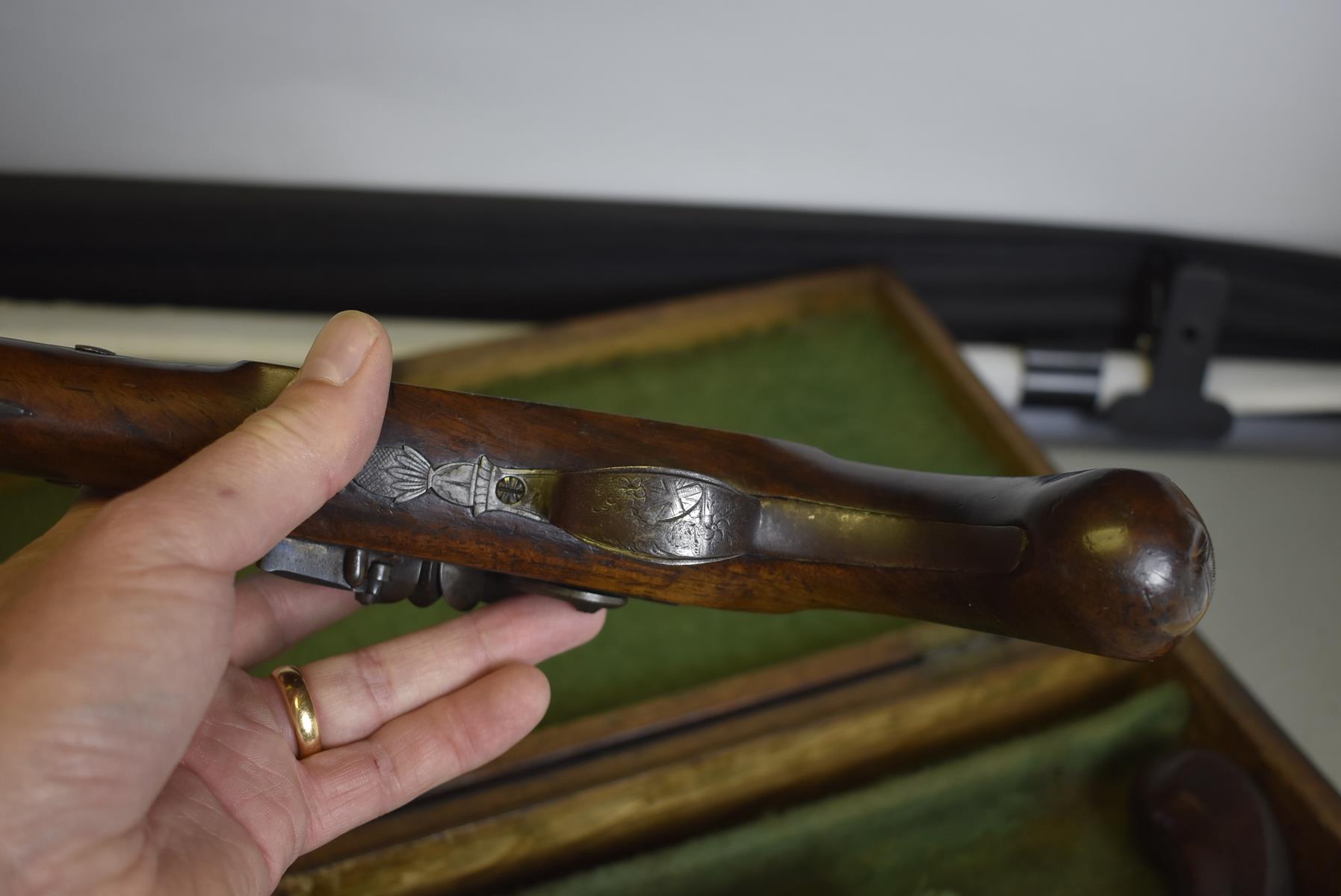 A CASED PAIR OF 22-BORE FLINTLOCK DUELLING PISTOLS BY WALLIS OF HULL, 10inch sighted octagonal - Image 12 of 20