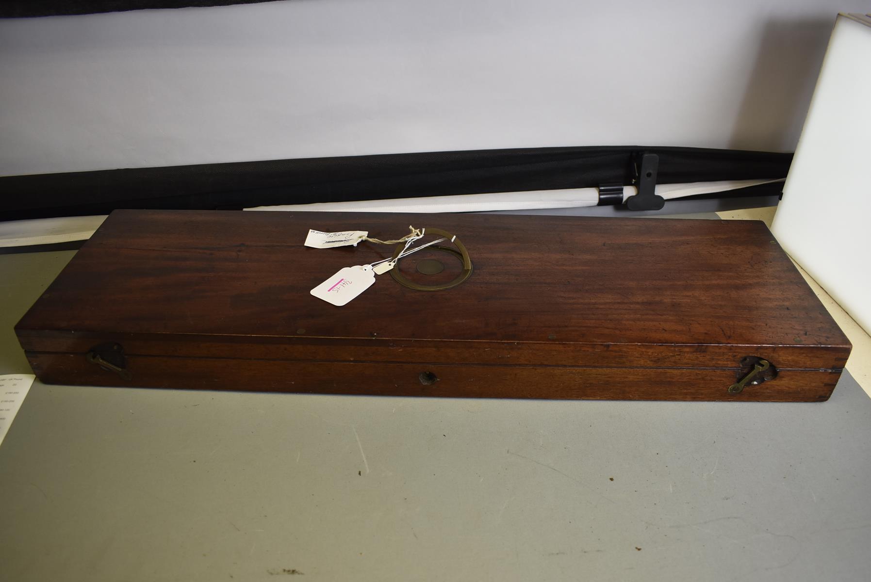 A MAHOGANY GUN CASE, the blue baize lined interior for a gun with 29.75inch barrels, probably - Image 2 of 7