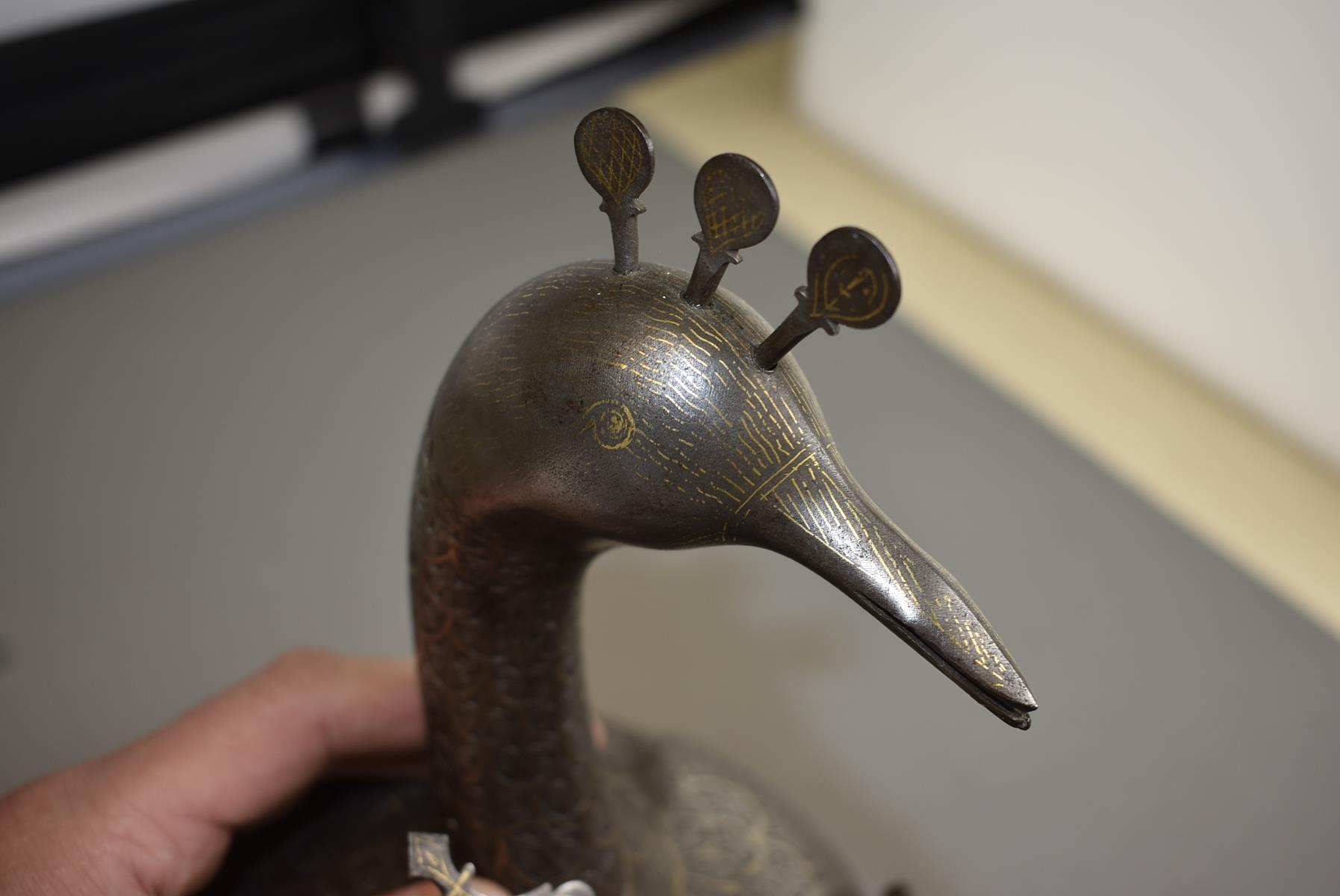 A FINE 19TH CENTURY PERSIAN KULAH KHUD OR HELMET, the single piece skull with bold peacock's head - Image 12 of 18