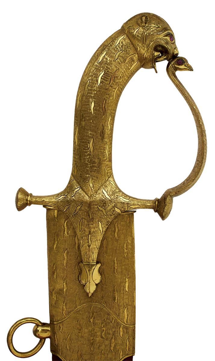 OF TIPU SULTAN INTEREST: A FINE 18TH CENTURY GEM SET GILT FINISHED INDIAN TULWAR, 84.75cm sharply - Image 3 of 36