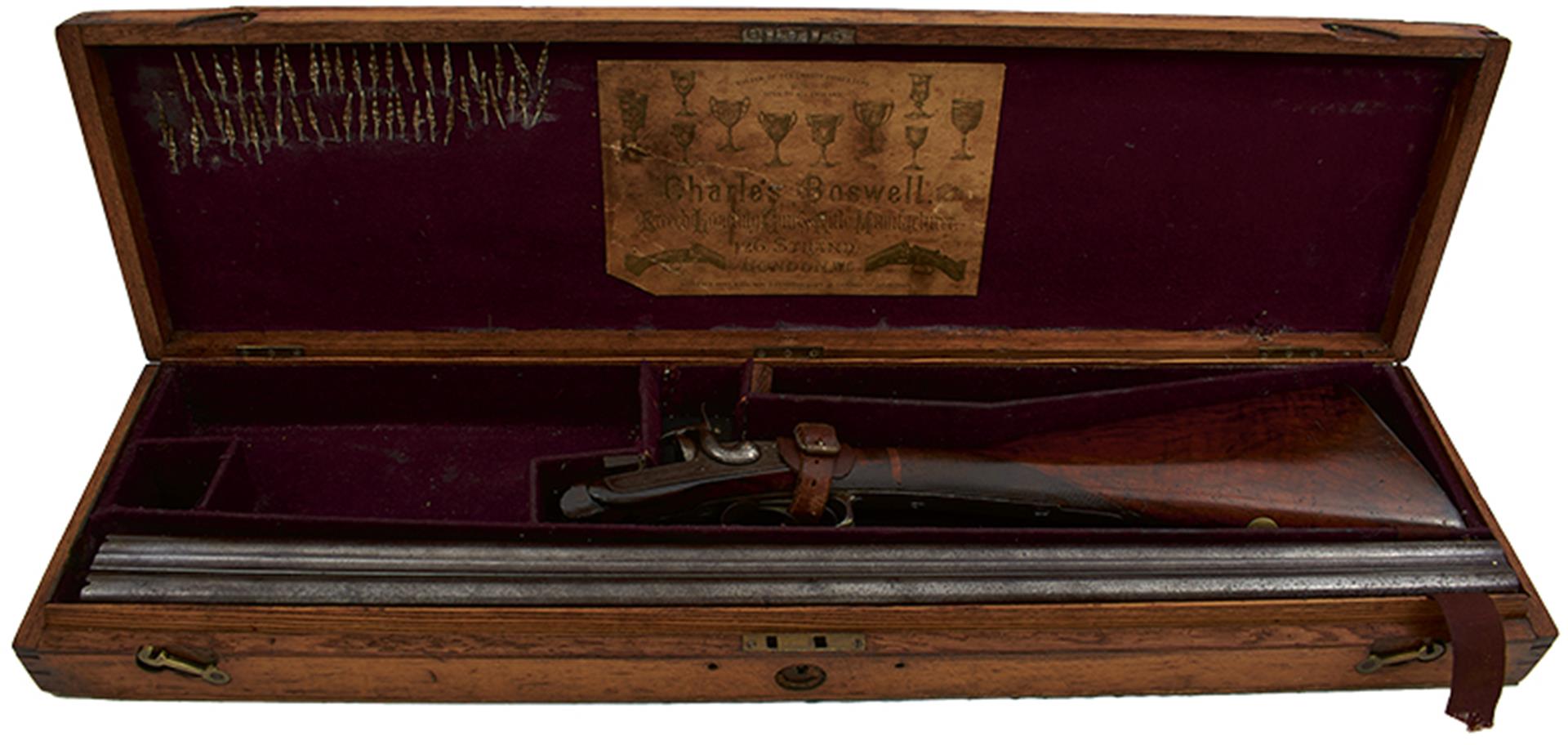 A 12-BORE DOUBLE BARRELLED PINFIRE SPORTING GUN BY CHARLES BOSWELL, 30inch sighted damascus