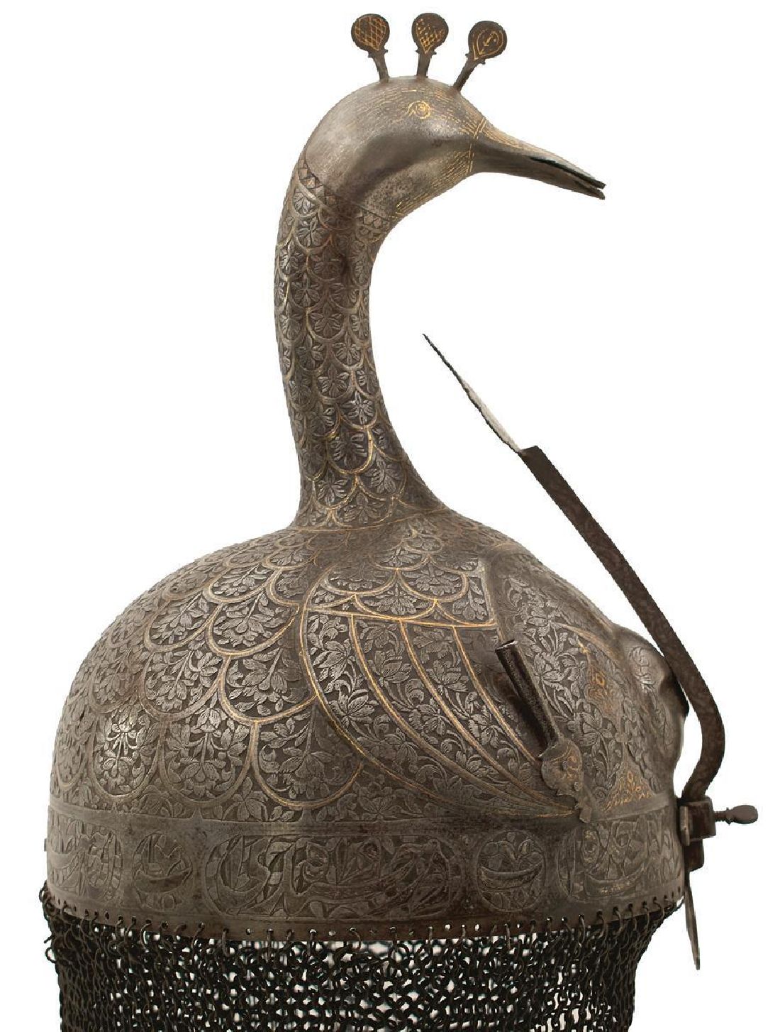A FINE 19TH CENTURY PERSIAN KULAH KHUD OR HELMET, the single piece skull with bold peacock's head - Image 2 of 18