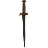 A BALLOCK DAGGER, 24.5cm back edged blade, replacement carved wood hilt with brass multi-lobed