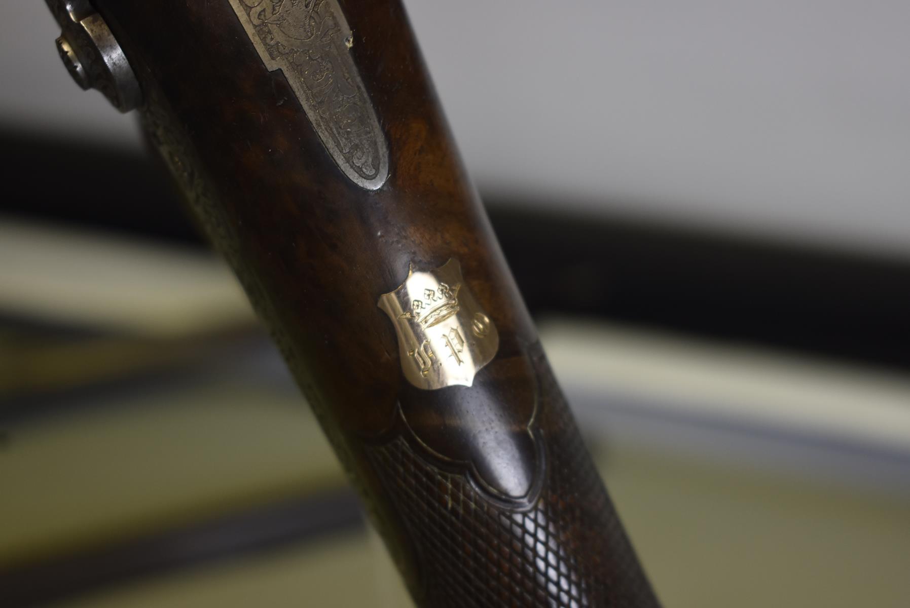 AN 18-BORE FRENCH PERCUSSION SPORTING GUN BY LEPAGE, 31.25inch sighted damascus barrels etched - Image 5 of 11