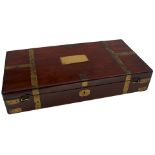 A CAMPAIGN BOX FITTED FOR A PAIR OF PISTOLS, the brass bound mahogany case with later pink velvet