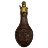 A GOOD PHARAOH'S HORSES POWDER FLASK, the lacquered embossed copper body decorated with three