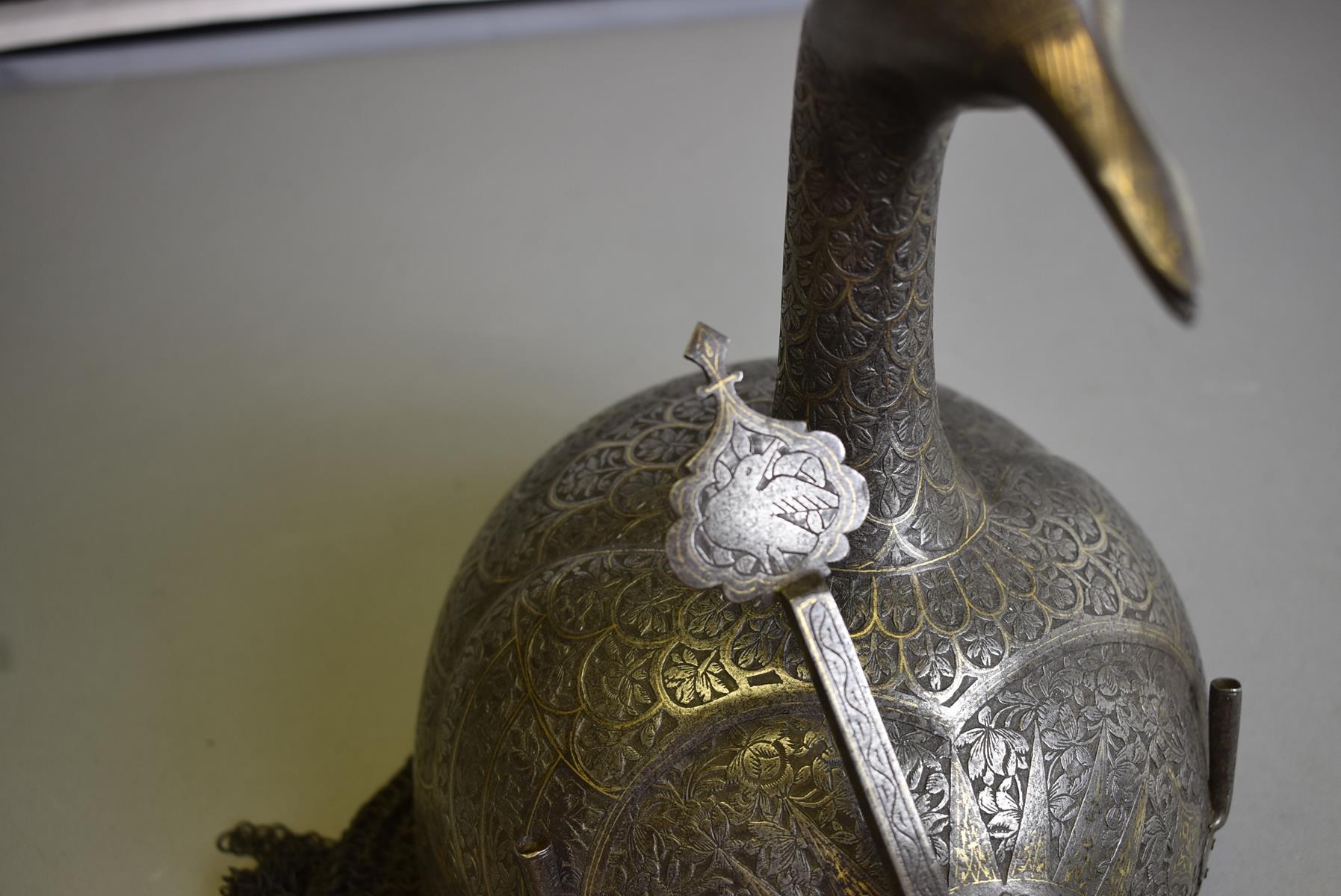 A FINE 19TH CENTURY PERSIAN KULAH KHUD OR HELMET, the single piece skull with bold peacock's head - Image 11 of 18