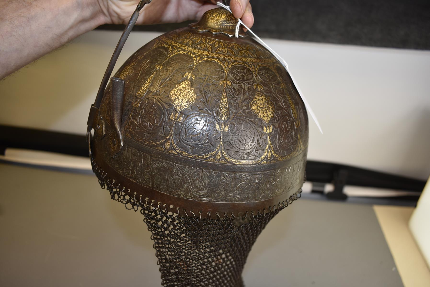 A LATE 18TH OR EARLY 19TH CENTURY INDO-PERSIAN KULAH KHUD OR HELMET, the bowl profusely chiselled - Image 4 of 9