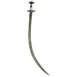 A 19TH CENTURY INDIAN TULWAR OR SWORD, 69.5cm sharply curved blade, characteristic hilt decorated