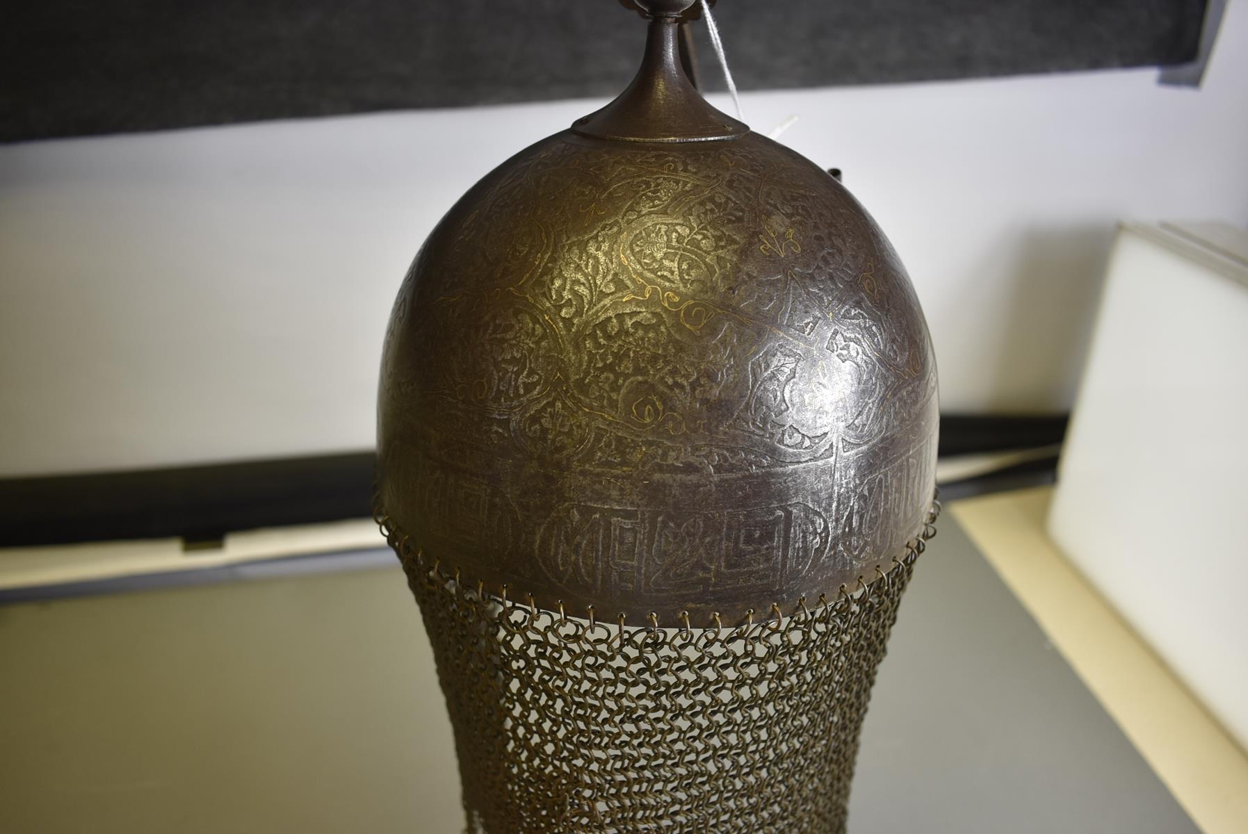 A 19TH CENTURY INDO-PERSIAN KULAH KHUD OR HELMET, the iron bowl etched overall with flowering - Image 6 of 13