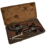 A RARE CASED PAIR OF 80-BORE FLINTLOCK BOXLOCK OVER AND UNDER PISTOLS, 1.75inch turn-off barrels,