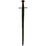 A MEDIEVAL SINGLE HANDED OR HAND AND A HALF SWORD, 87cm fullered broadsword blade, characteristic