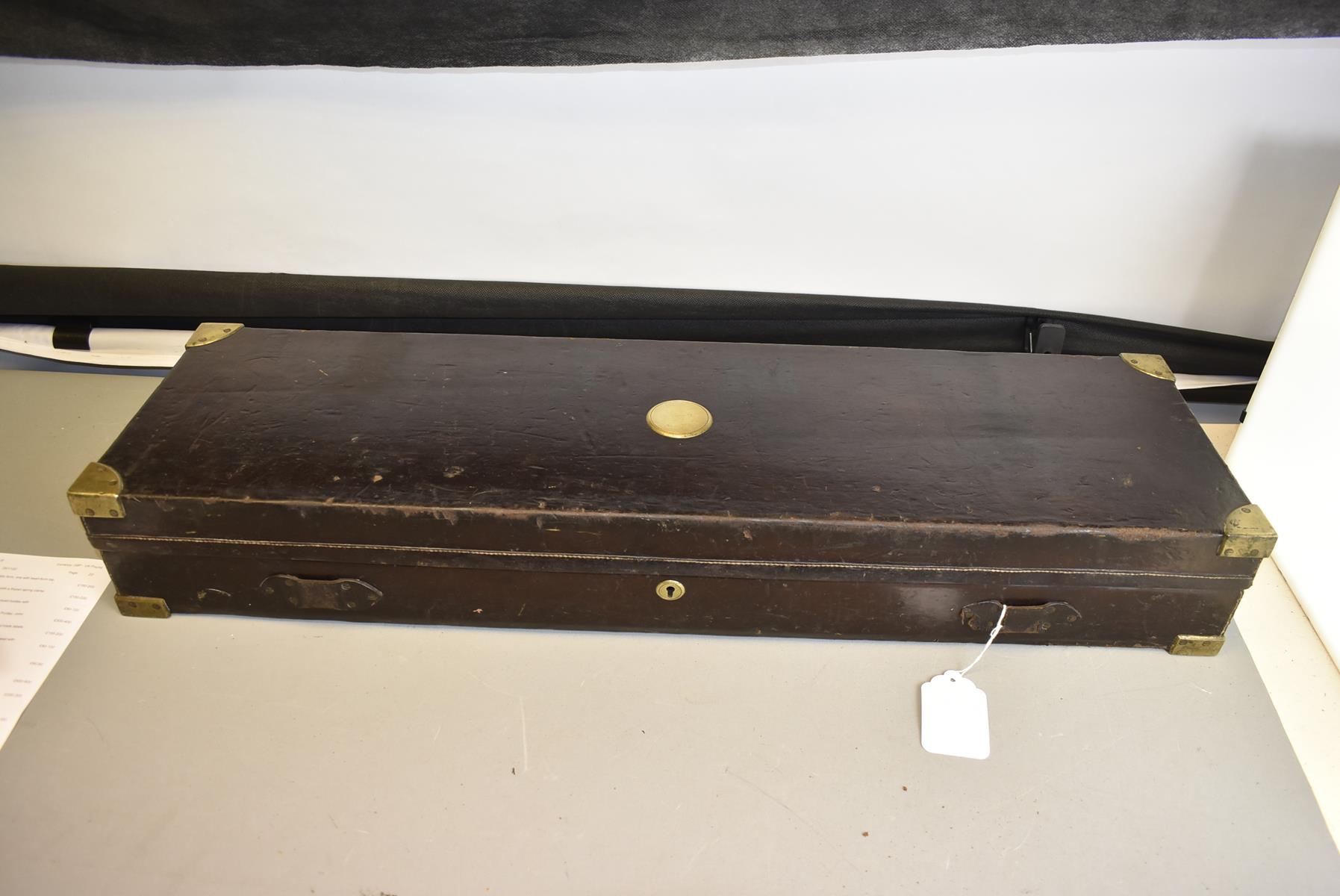 A LEATHER COVERED OAK GUN CASE, the green baize lined interior for a gun with 30inch barrels, - Image 2 of 8