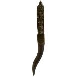 A 17TH CENTURY BRONZE HILTED INDIAN FIGURAL BICHWA OR DAGGER, 15cm thick flattened diamond section
