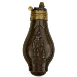 A FRENCH EMBOSSED COPPER POWDER FLASK, decorated with classical figures to either side and marked B.