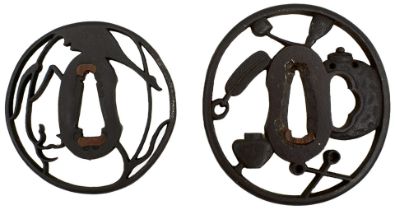 TWO CIRCULAR IRON SUKASHI TSUBA, the first chiselled and pierced with items for the tea ceremony,