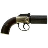 A 120-BORE SIX-SHOT PERCUSSION PEPPERBOX REVOLVER, 3inch fluted barrels, border and scroll