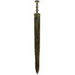 A CHINESE STYLE BRONZED SWORD, 44cm flattened diamond section blade, characteristic hilt with dished