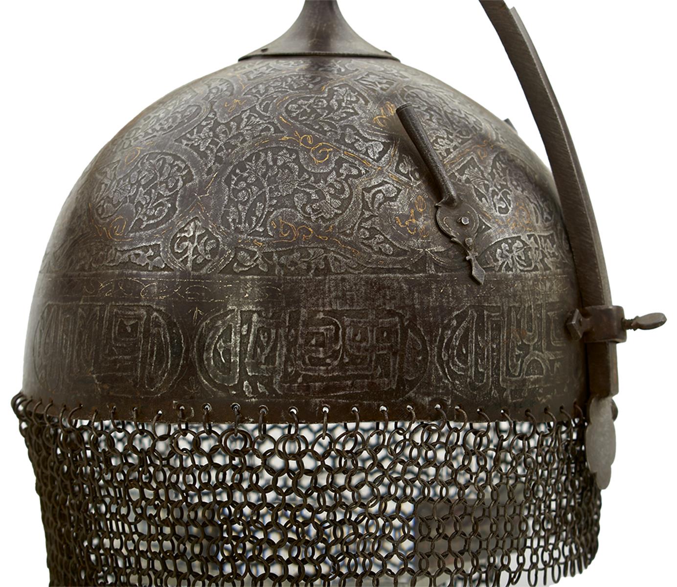 A 19TH CENTURY INDO-PERSIAN KULAH KHUD OR HELMET, the iron bowl etched overall with flowering - Image 2 of 13