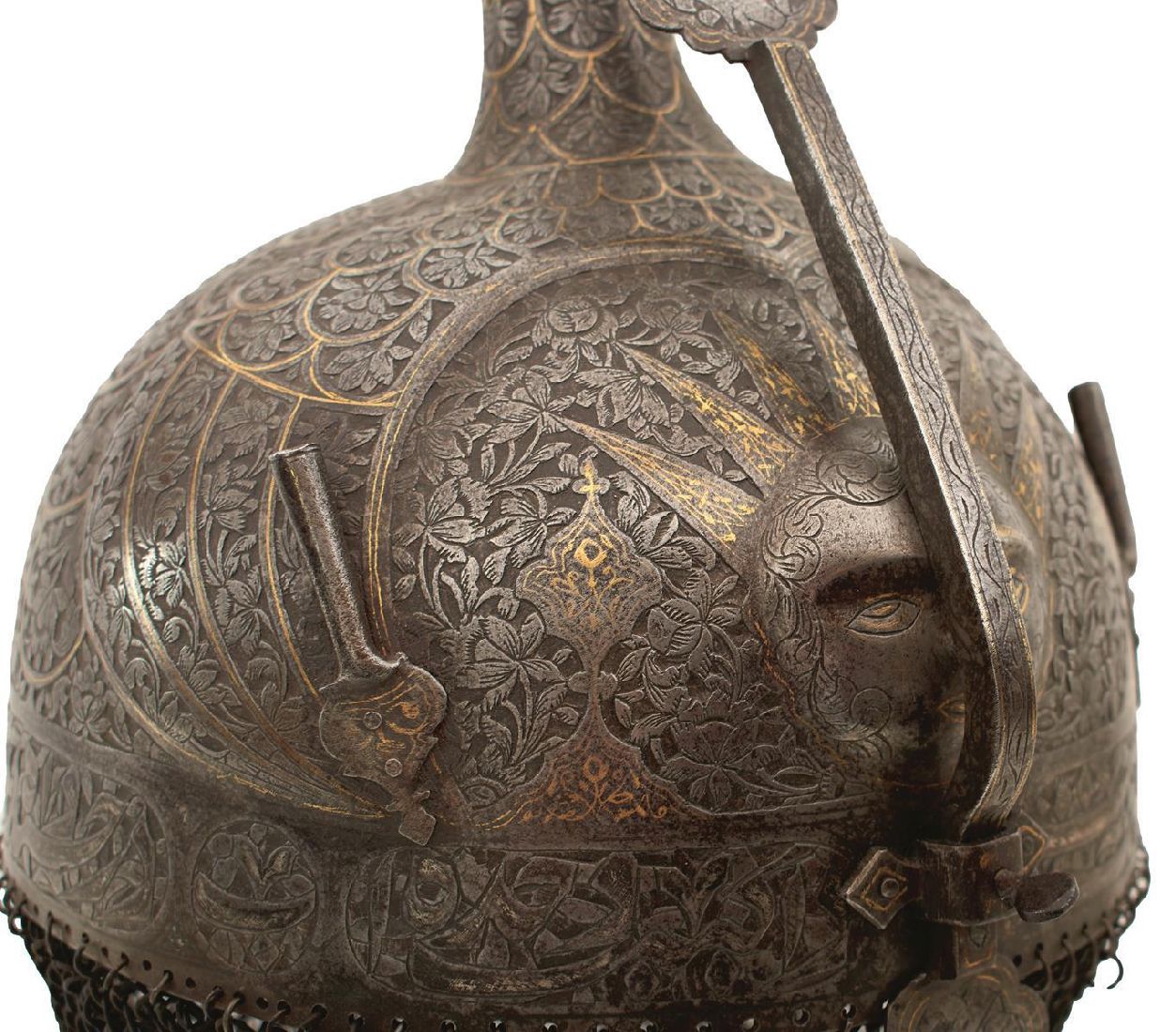 A FINE 19TH CENTURY PERSIAN KULAH KHUD OR HELMET, the single piece skull with bold peacock's head - Image 3 of 18