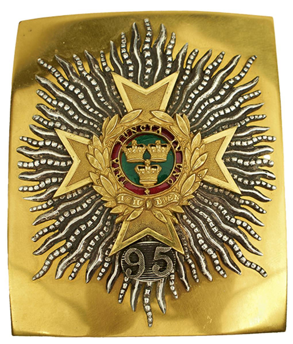 A 95TH REGIMENT OF FOOT (DERBYSHIRE) OFFICER'S SHOULDER BELT PLATE, the gilt plate applied with a