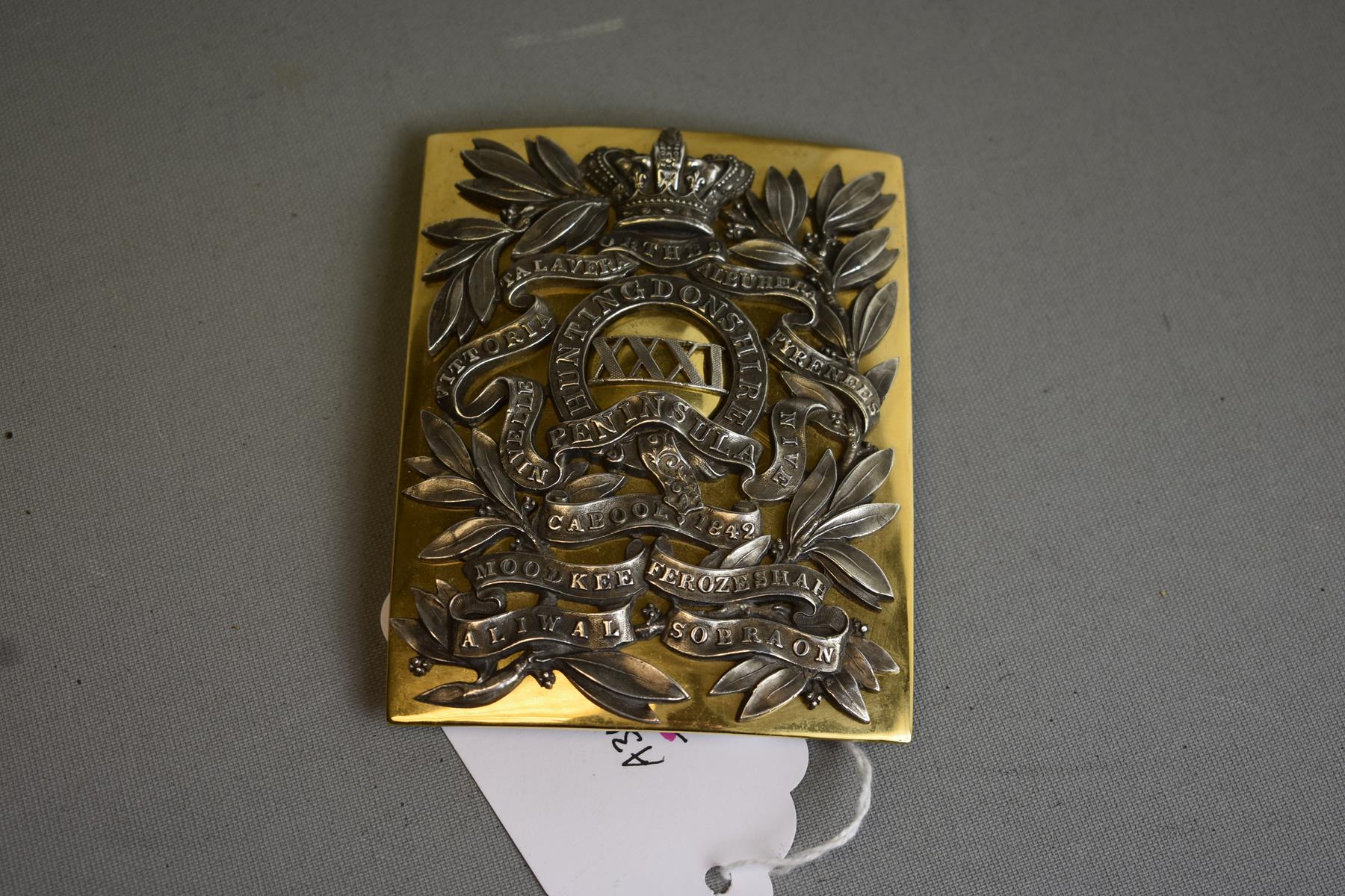 A 31ST REGIMENT OF FOOT (HUNTINGDONSHIRE) OFFICER'S SHOULDER BELT PLATE, the gilt plate applied with - Image 2 of 7