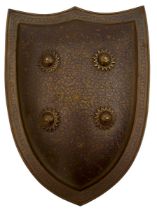 A LATE 19TH CENTURY INDO-PERSIAN DHAL OR SHIELD IN THE EUROPEAN STYLE, the 38.75cm long convex
