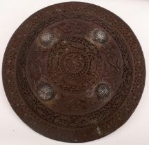 A FINE OTTOMAN DHAL OR SHIELD, 35.5cm diameter body overlaid with a finely pierced outer decorated