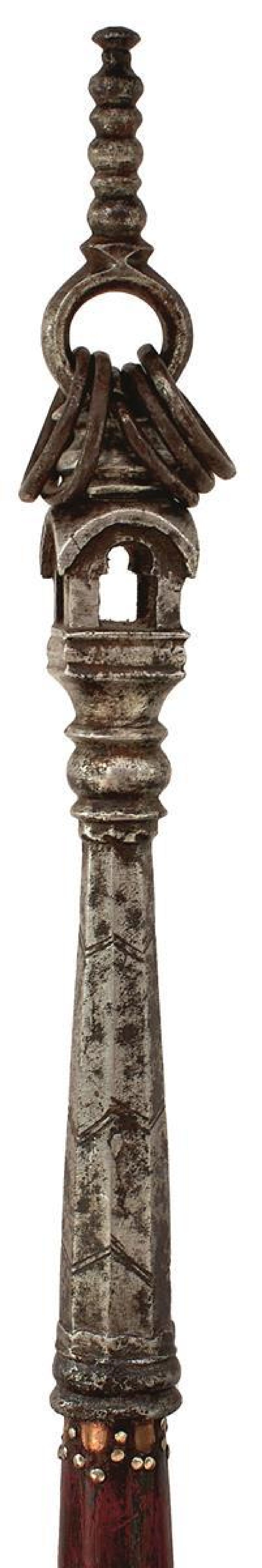 AN INDIAN KHAKKHARA OR BUDDHIST'S STAFF, the iron pagoda top with five rings and geometric line