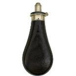 A SYKES RIFLE POWDER FLASK, the black leather covered body with white metal top stamped with the