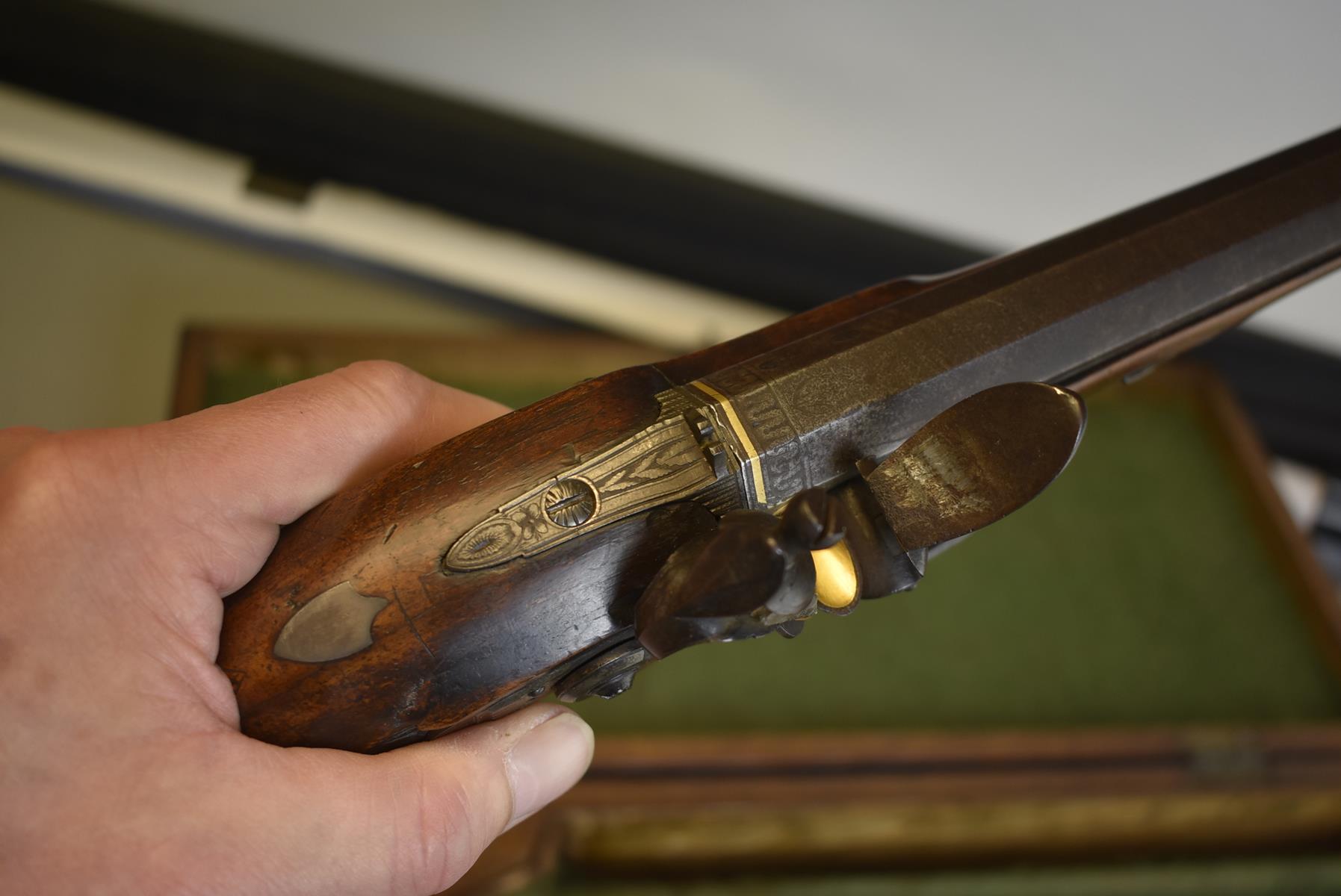 A CASED PAIR OF 22-BORE FLINTLOCK DUELLING PISTOLS BY WALLIS OF HULL, 10inch sighted octagonal - Image 8 of 20