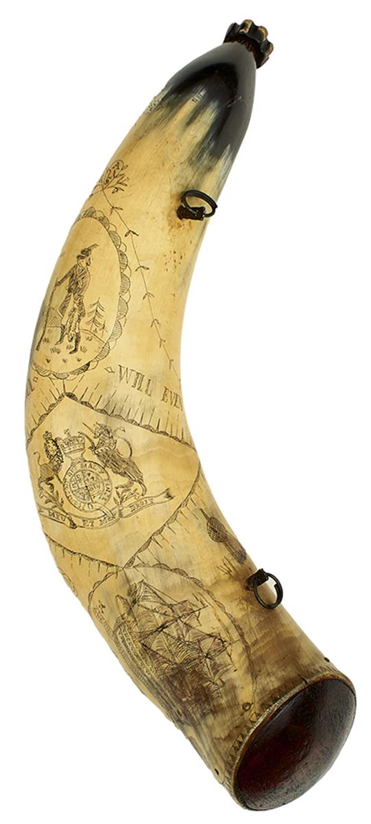 AN AMERICAN SCRIMSHAW POWDER FLASK IN THE 18TH CENTURY STYLE, the natural form polished horn body