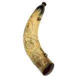 AN AMERICAN SCRIMSHAW POWDER FLASK IN THE 18TH CENTURY STYLE, the natural form polished horn body