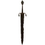 A 17TH CENTURY LEFT HAND DAGGER, 30cm blade, iron mounted hilt with down-turned quillons with knop