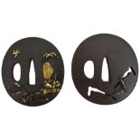 TWO CIRCULAR IRON TSUBA, the first chiselled and pierced with a hoe and other gardening tools,