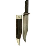 A SCARCE BAYONET BOWIE KNIFE, 25.5cm clipped back blade etched with scrolling foliage to the left
