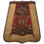 A VICTORIAN 10TH HUSSARS OFFICER'S SABRETACHE, the red leather body with bullion ribbon trimmed