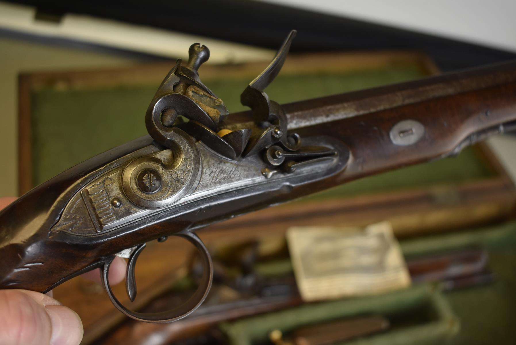 A CASED PAIR OF 22-BORE FLINTLOCK DUELLING PISTOLS BY WALLIS OF HULL, 10inch sighted octagonal - Image 13 of 20