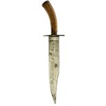 A VICTORIAN BOWIE KNIFE, 24.5cm clipped back blade, stepped crossguard, ring turned pommel cap,