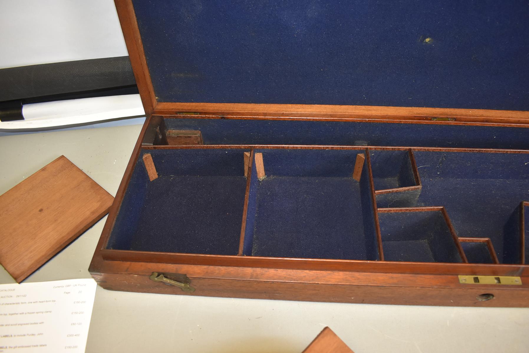 A MAHOGANY GUN CASE, the blue baize lined interior for a gun with 29.75inch barrels, probably - Image 6 of 7