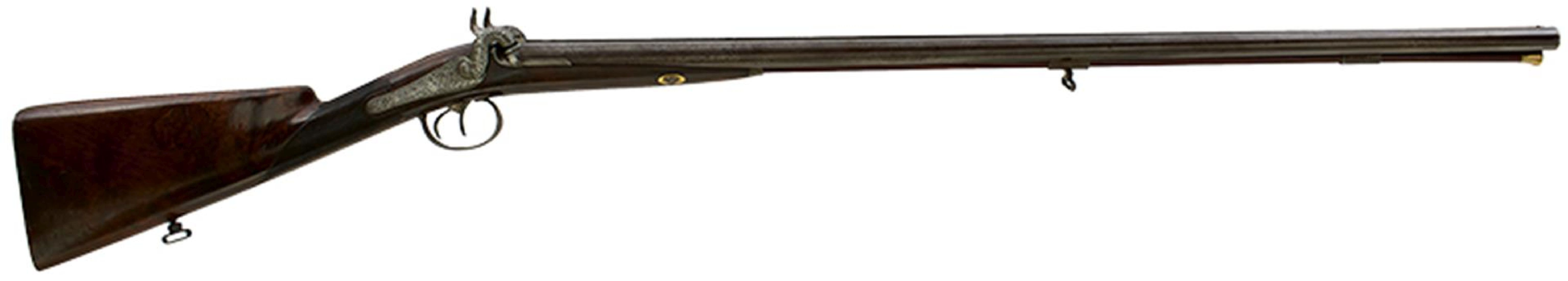 AN 18-BORE FRENCH PERCUSSION SPORTING GUN BY LEPAGE, 31.25inch sighted damascus barrels etched