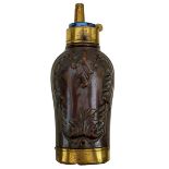 A THREE-WAY PISTOL FLASK, the acanthus embossed copper body with lacquered finish, brass bottom with