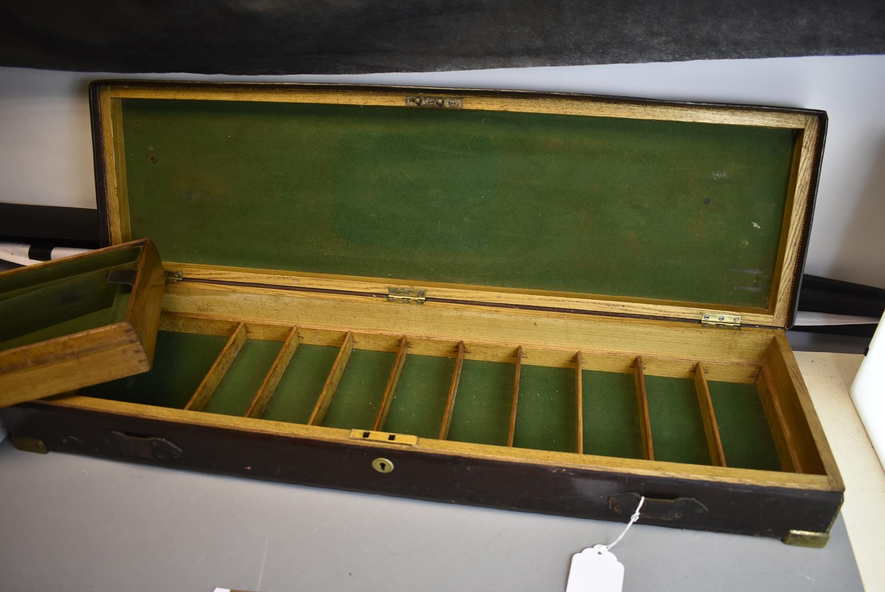 A LEATHER COVERED OAK GUN CASE, the green baize lined interior for a gun with 30inch barrels, - Image 8 of 8