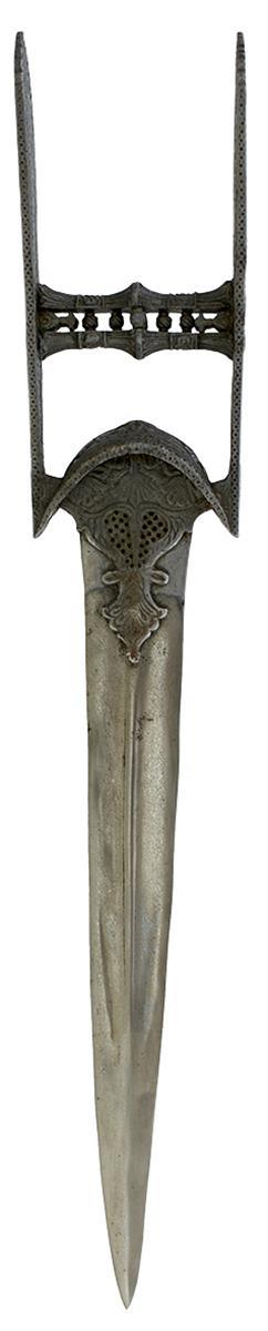 A MUGHAL INDIAN KATAR OR DAGGER, 33cm fullered wootz damascus blade with raised medial ridge,