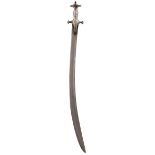 A TULWAR, 66.5cm sharply curved blade, characteristic hilt with scroll guard and traces of foliate