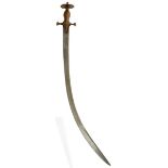 A 19TH CENTURY INDIAN TULWAR OR SWORD, 76cm curved clipped back wootz blade, set with a brass dot